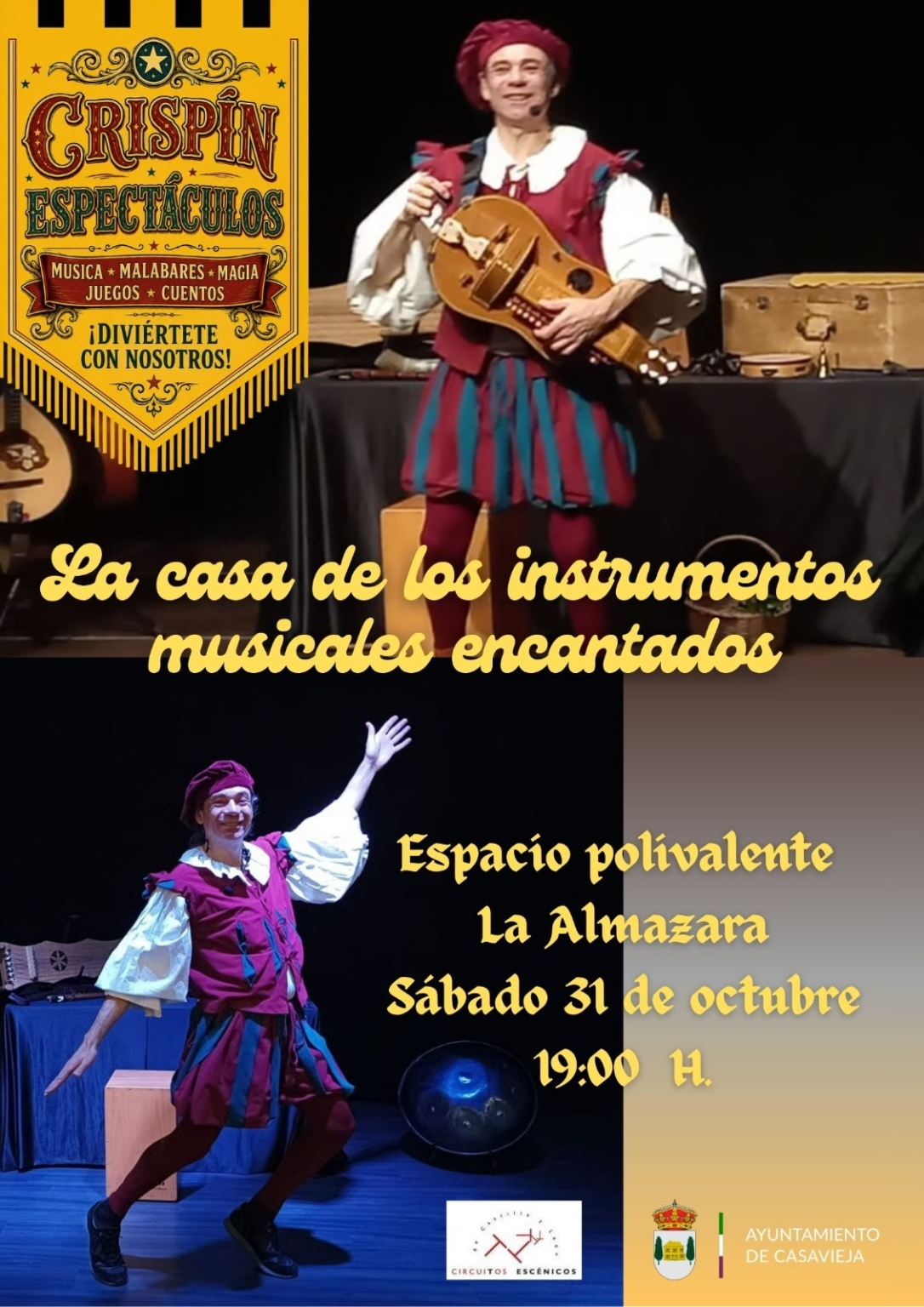La casa de los instrumentos musicales encantados. Crispín Espectáculos. La Almazara, Casavieja, 31 de octubre a las 19:00.